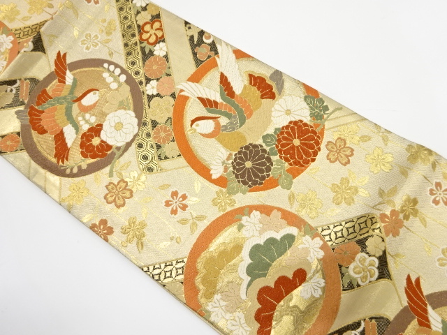 アンティーク　鴛鴦に笠松・菊・枝垂れ桜模様織り出し袋帯（材料）